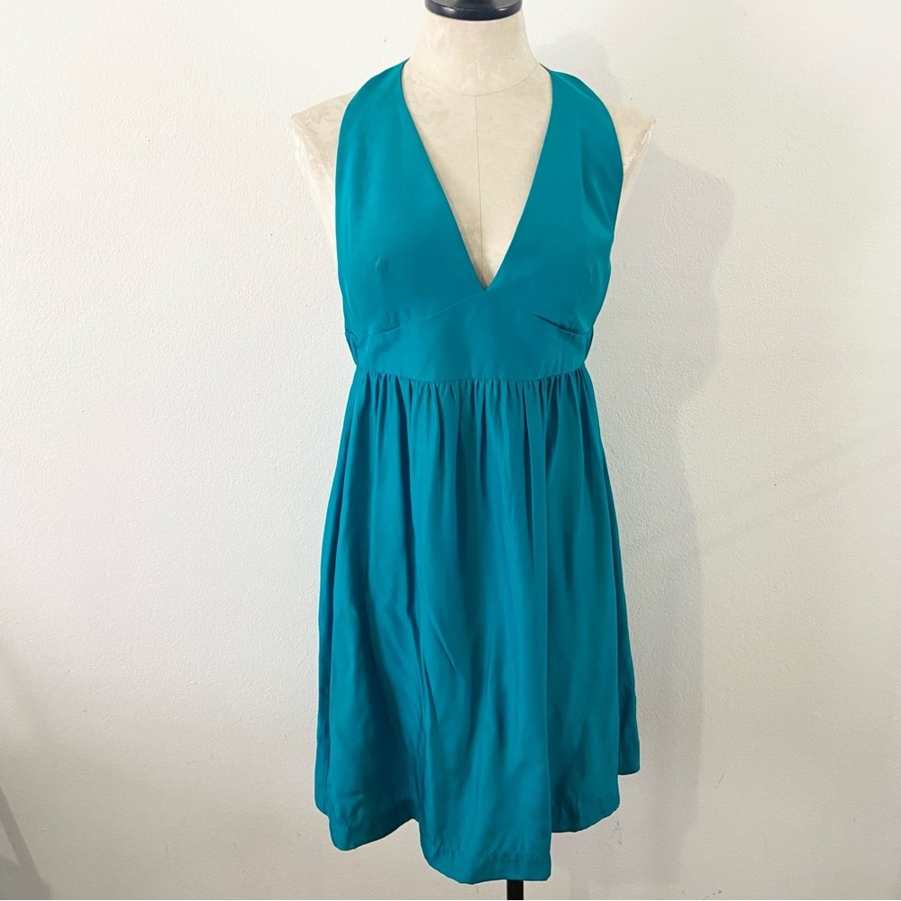 Amanda Uprichard teal Aline open back ruffle dress midi mini size medium blue